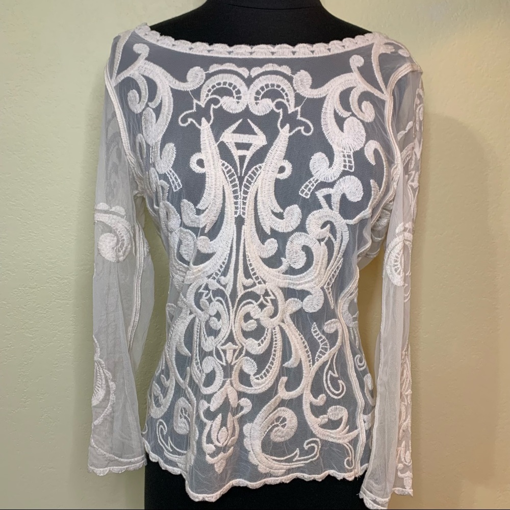 NWOT  Express Y2K mesh and lace embroidery-style long sleeve off-white top Sz S